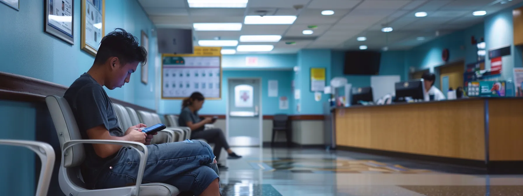 a person checking their phone for email sync issues in a busy clinic setting.