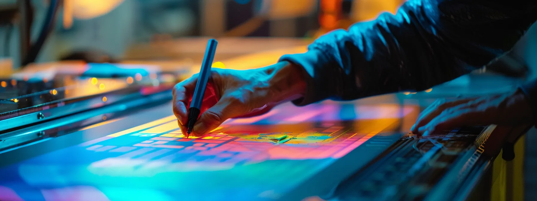 a person carefully adjusting colors and lines on a print with precision tools.