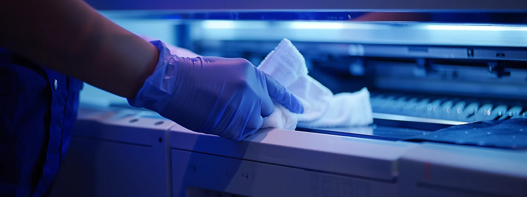 a person carefully cleaning the inside of a printer with a soft cloth and approved cleaning solution.