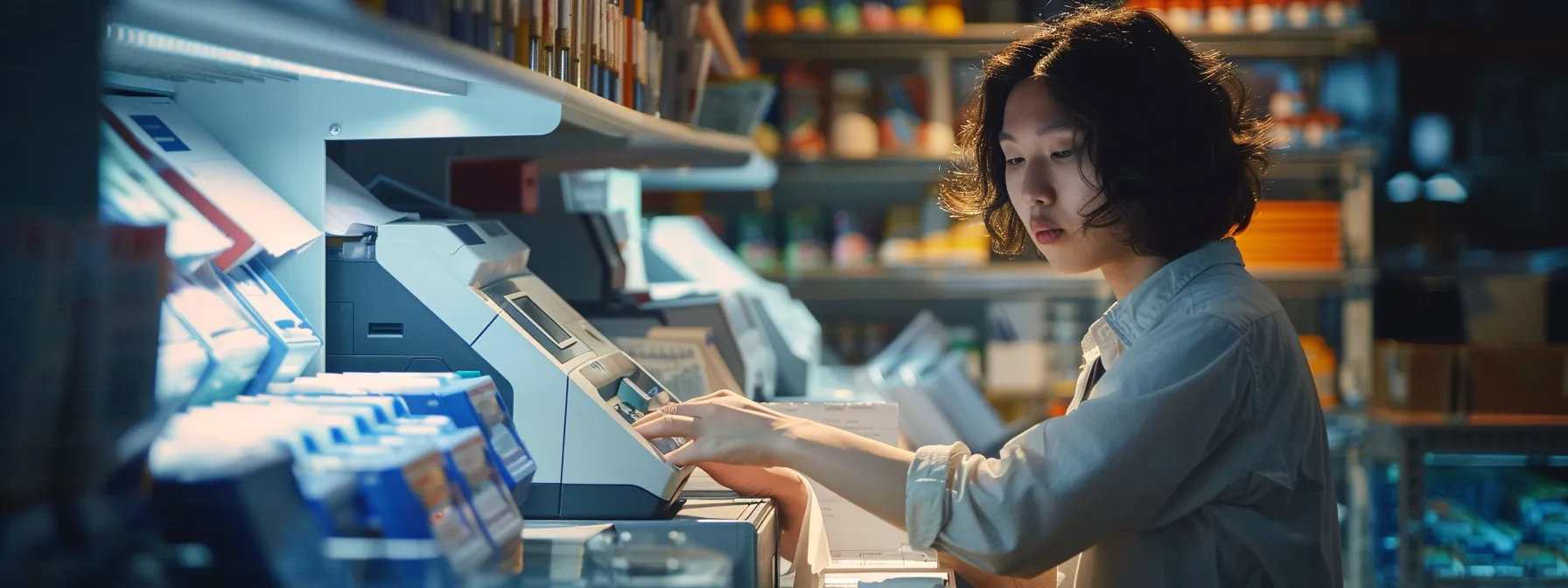 a person inspecting a printer with a puzzled expression, surrounded by printing equipment and supplies.
