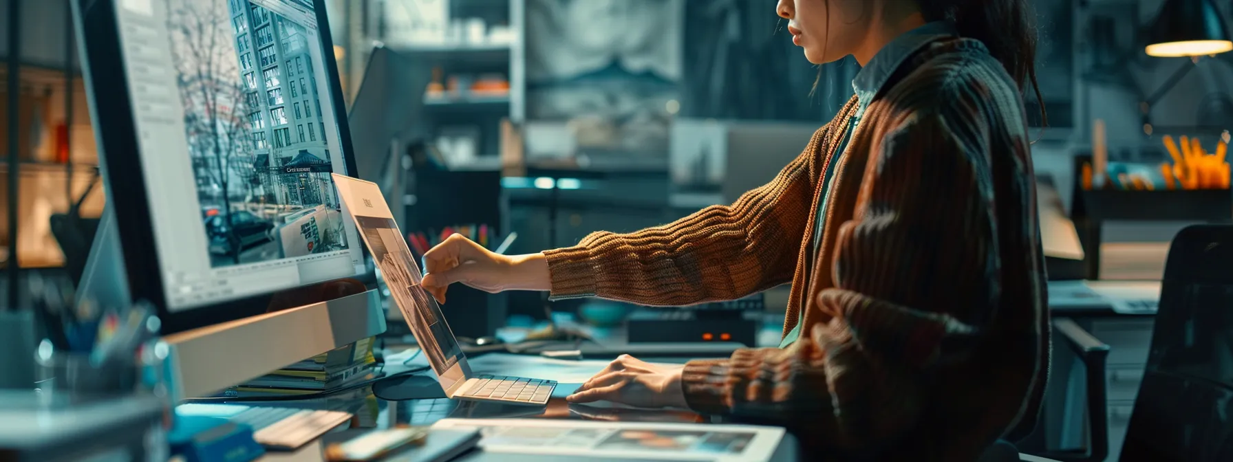 a person carefully adjusting the print settings on a computer monitor.