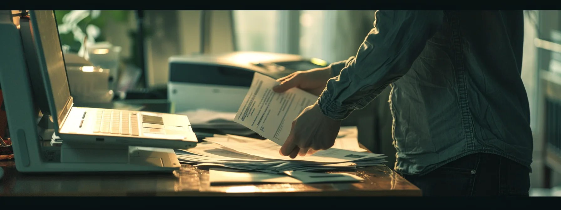 a person organizing papers with printer model and serial numbers.