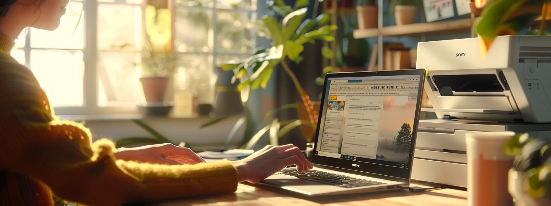 a person using a laptop to access hp's online troubleshooting tools for printer issues.