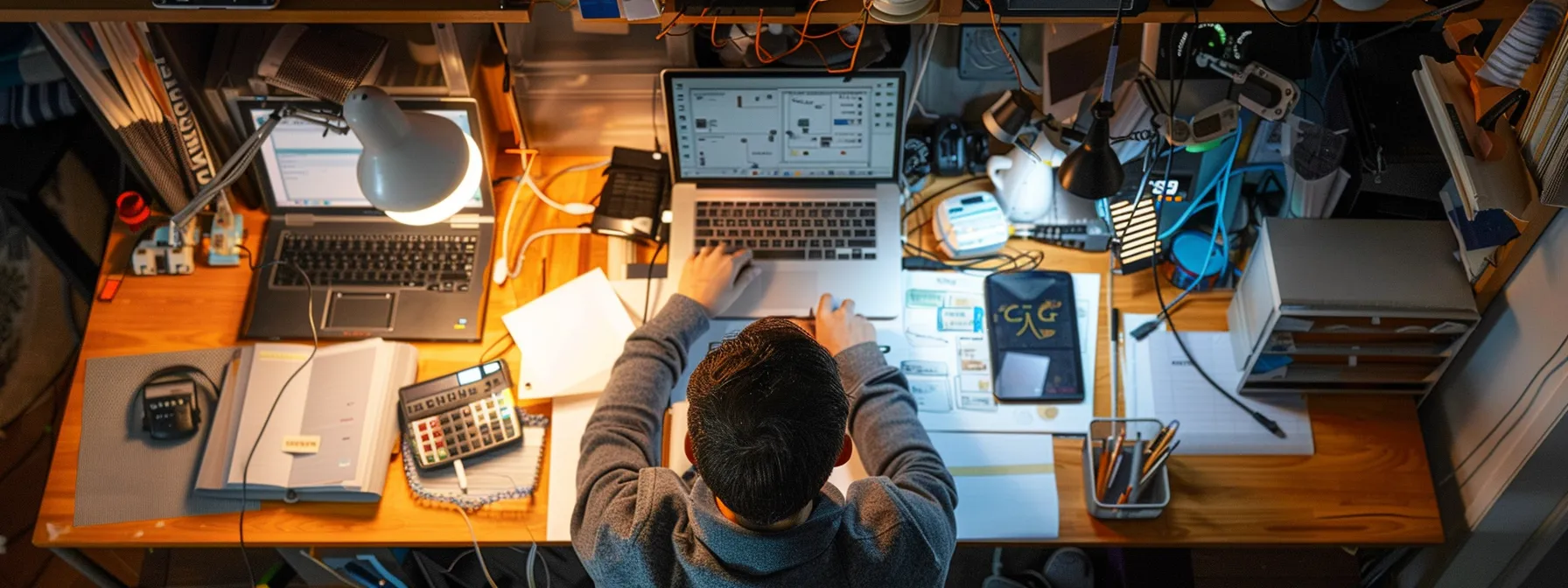 a person diligently following a tutorial on a laptop, surrounded by notes and equipment for troubleshooting.