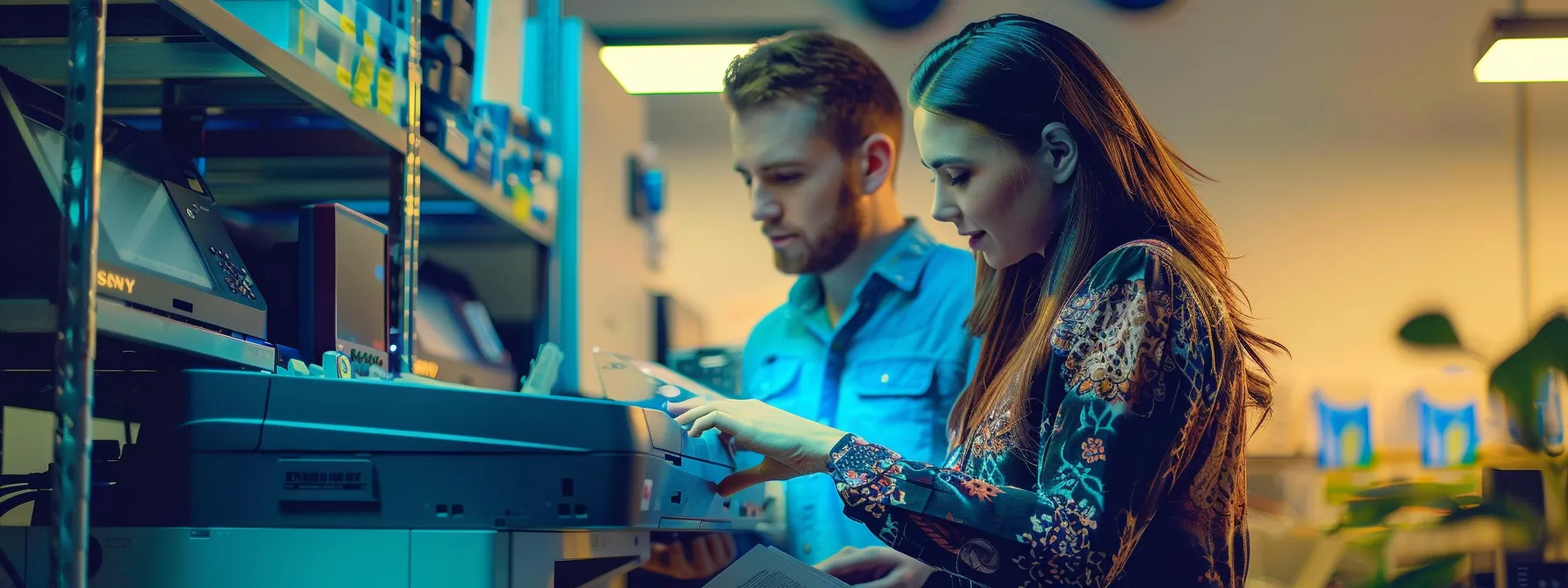 a technician assisting a customer with advanced hp printer problems.