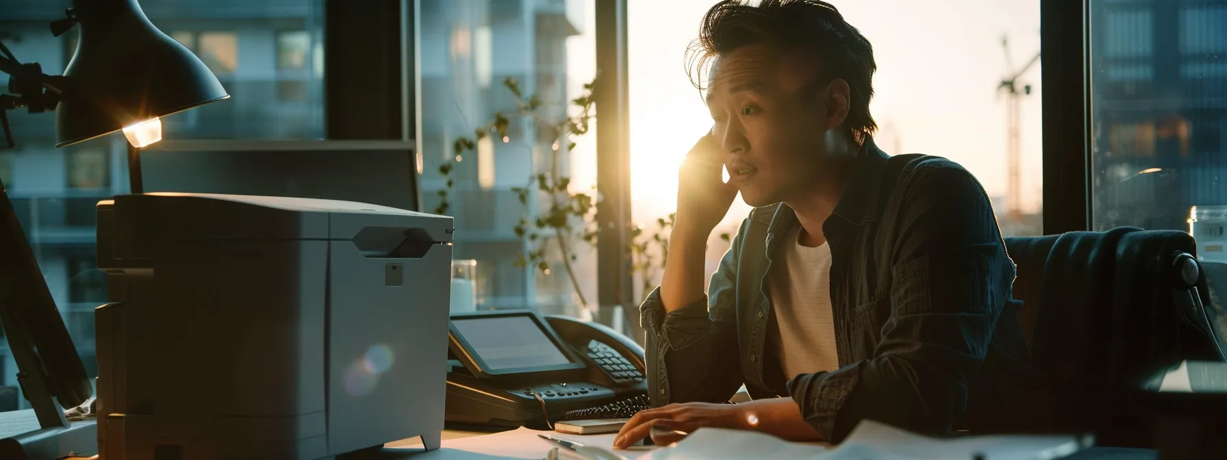 a person talking on the phone with a printer support team, providing detailed information about the printer issue.
