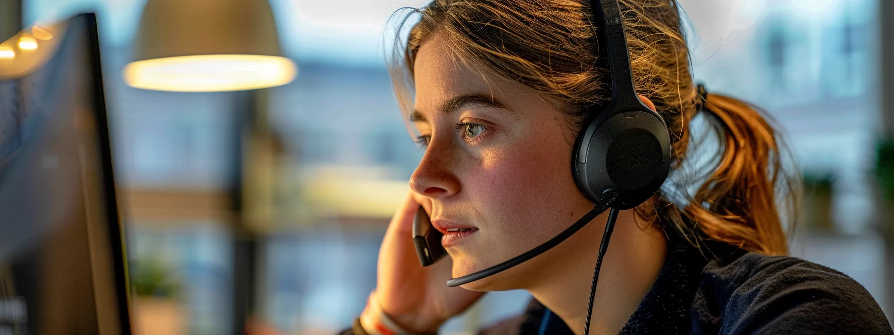 a person talking on the phone with a customer support representative, looking determined and focused.