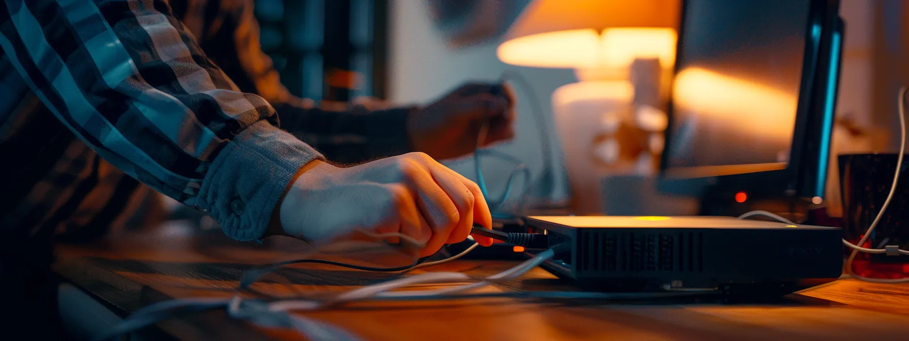 a person connecting an ethernet cable to a comcast business router.
