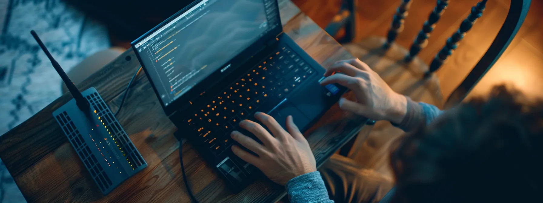 a person configuring network settings on a laptop while looking at a comcast business router.