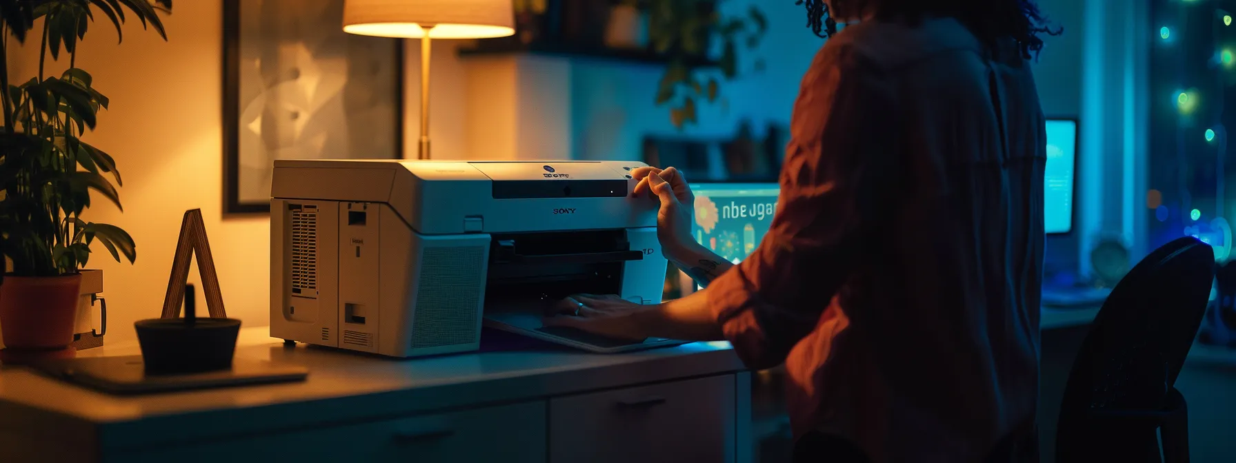 a person setting up a new hp printer, connecting it to wifi and registering it with hp for ongoing support.