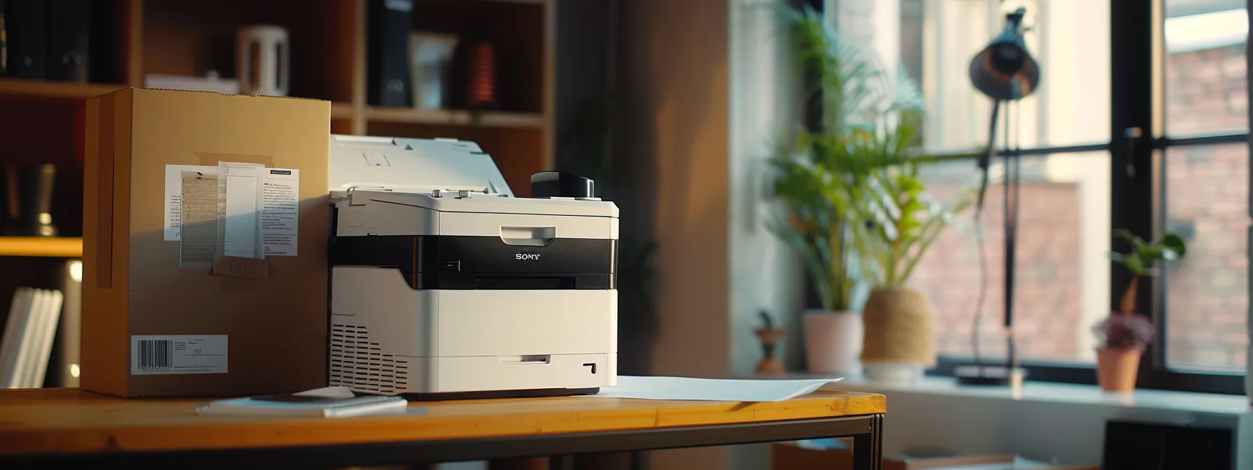 unboxing a new brother printer and setting it up in an office environment.