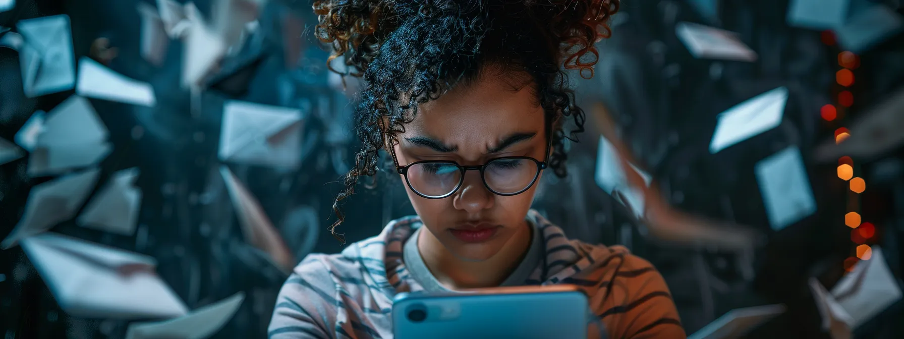 a frustrated iphone user staring at their phone screen, surrounded by scattered email folders and a crashed email application, highlighting common msn email issues.
