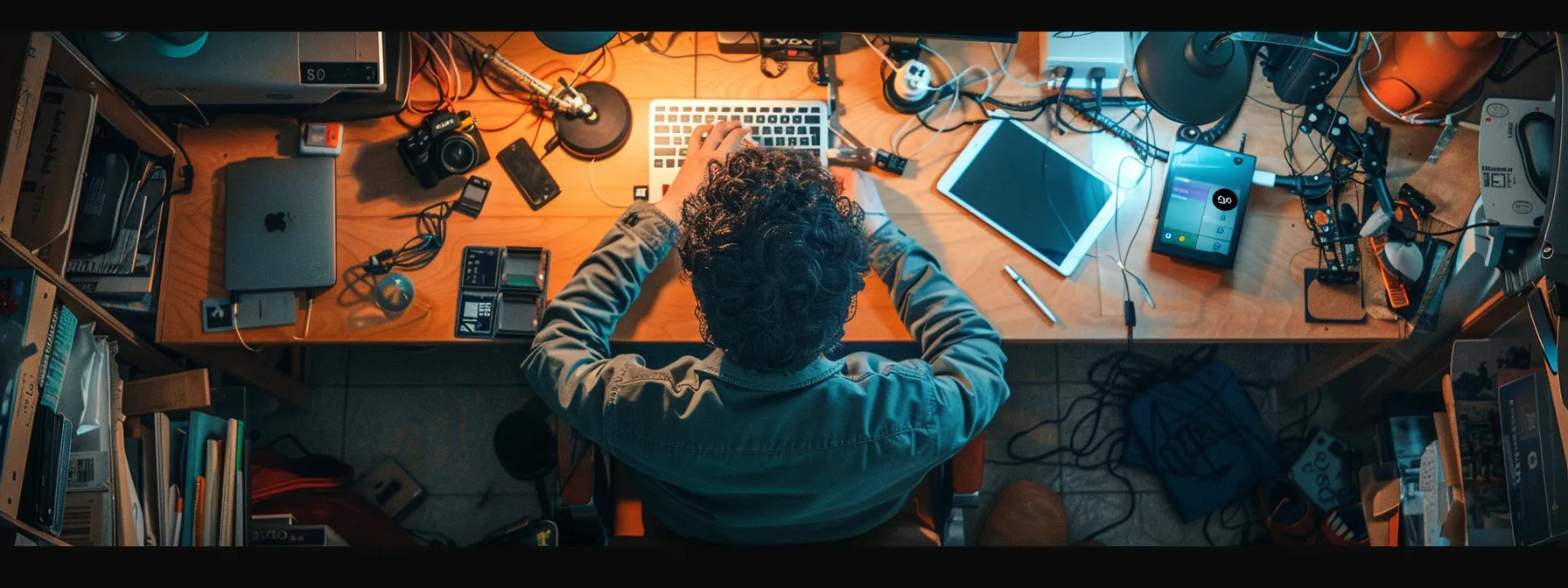 a person sitting at a desk with a focused expression, surrounded by various gadgets and technology, troubleshooting their iphone for a stable internet connection.