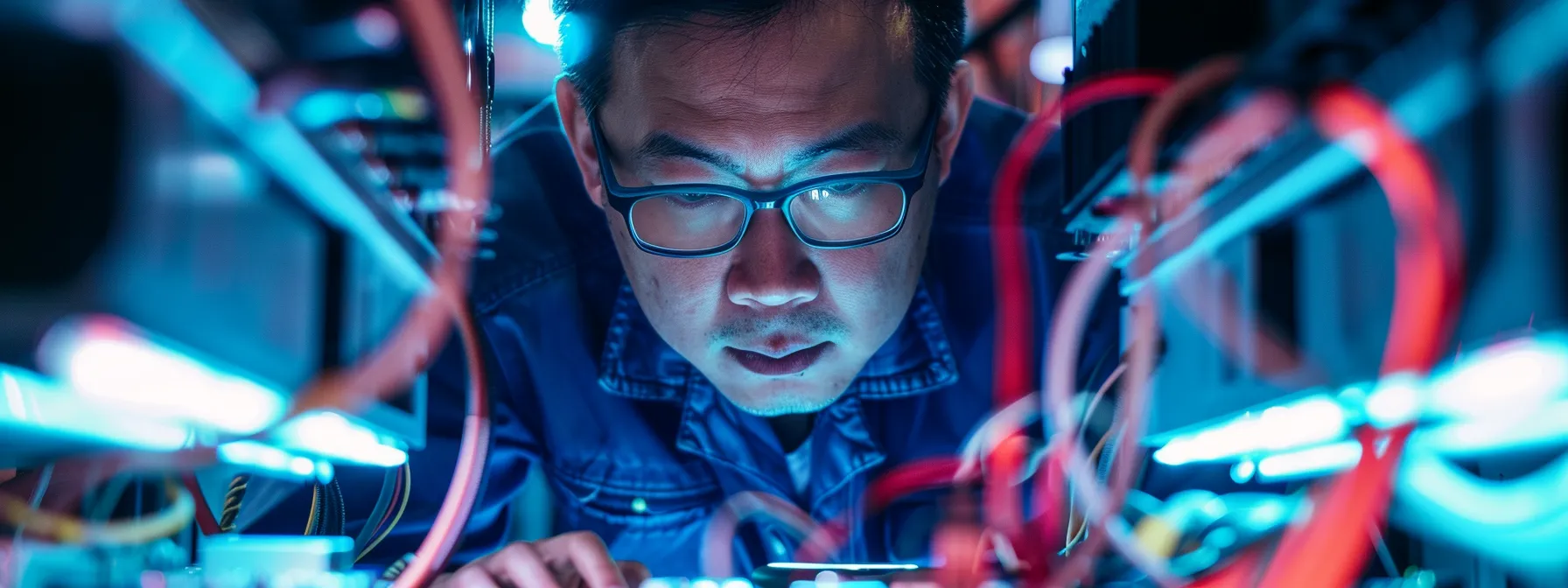a technician examining a hp printer with a focused expression, surrounded by wires and computer equipment.