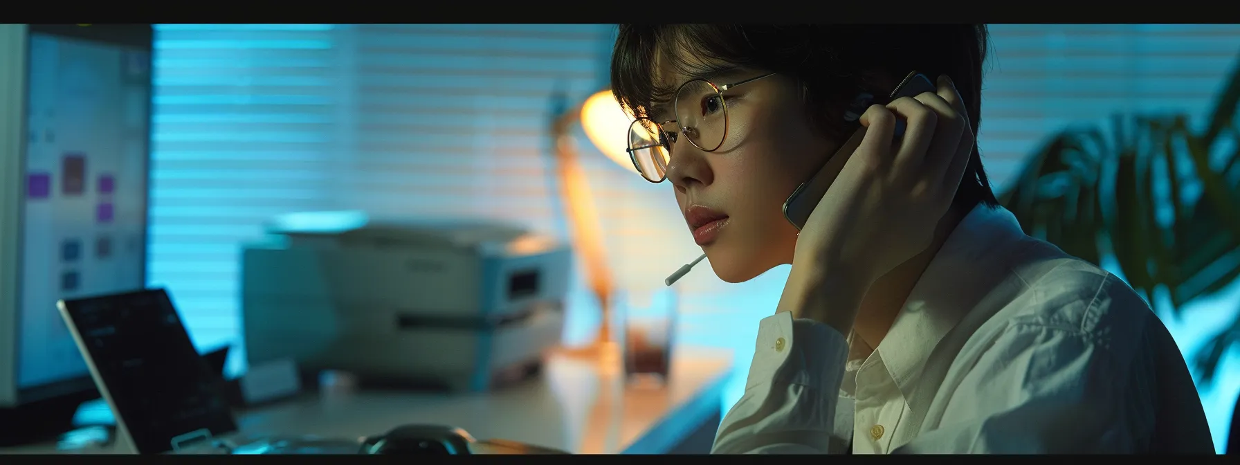 a person holding a phone to their ear while looking at an hp printer model number.