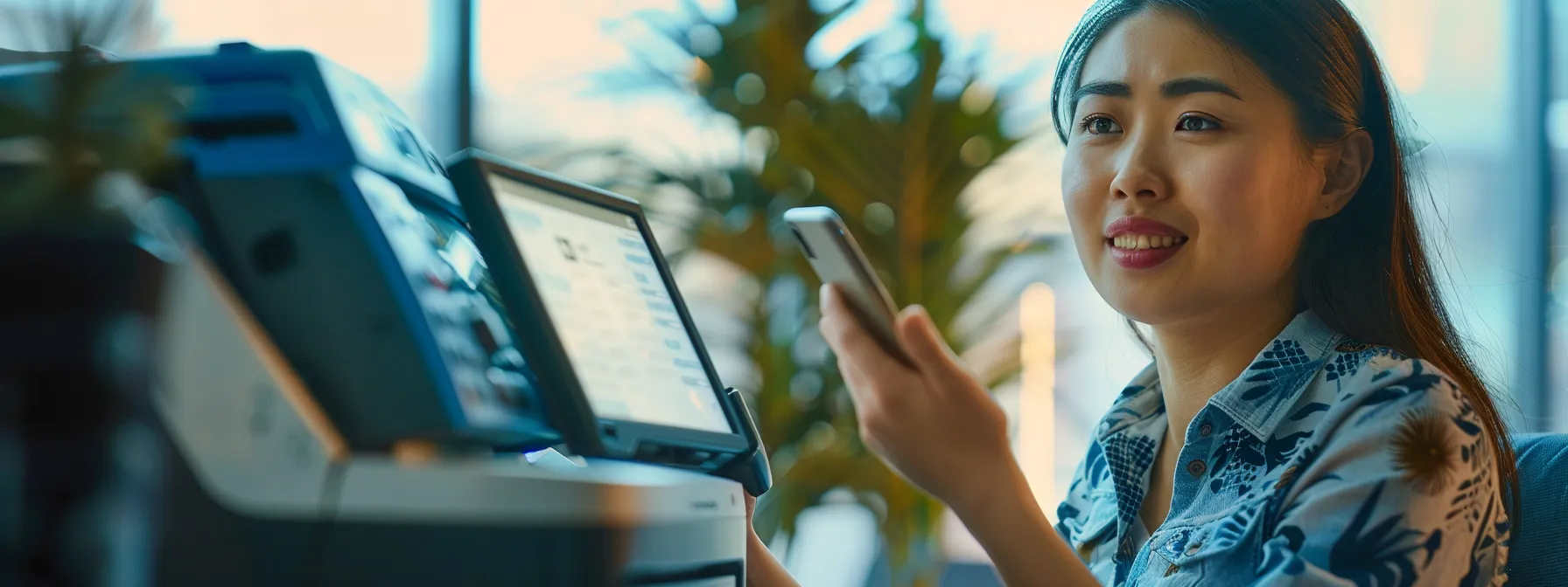 a person holding up the phone and speaking with a customer service representative at hp printer support.