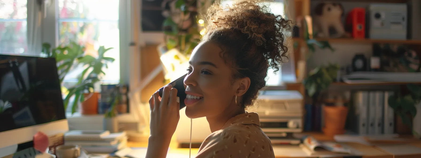 a person smiling while talking on the phone in a quiet and organized home office.