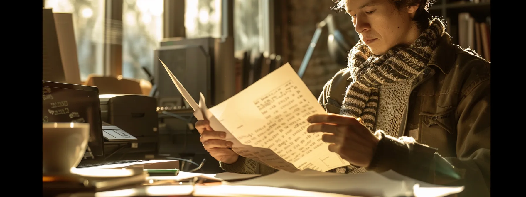 a person gathering papers and taking notes while sitting next to a printer.