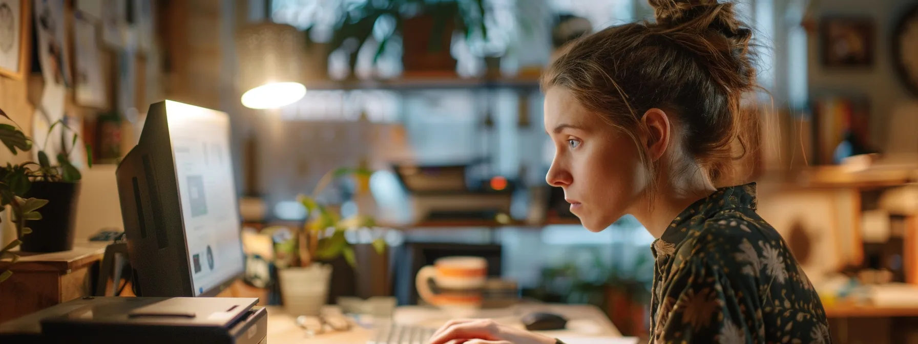 a person staring at a computer screen, looking up the hp printer support contact number on the hp website.