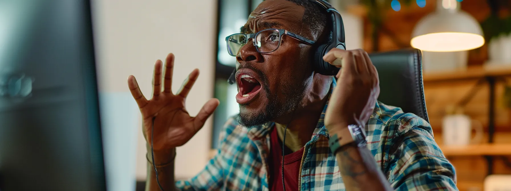 a frustrated customer on the phone with a support representative, gesturing for a supervisor to escalate their issue with hp support.