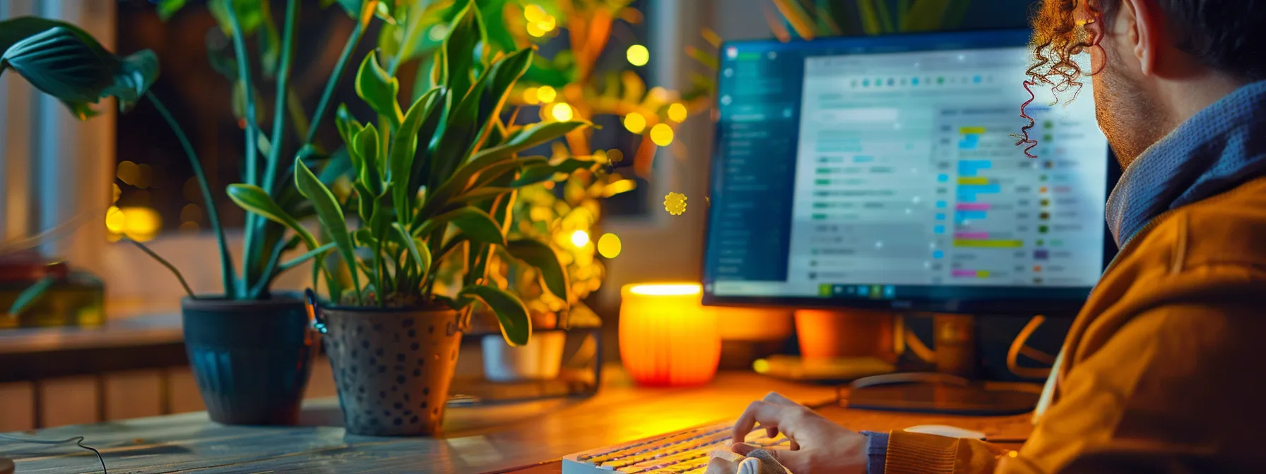 a person confidently adjusting spam filter settings on a sleek, modern computer interface, surrounded by a clutter-free desk and a vibrant houseplant.