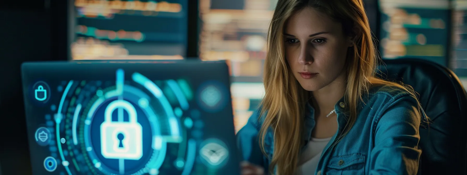 a woman with a determined look on her face, typing on a laptop with a strong security lock icon displayed on the screen.