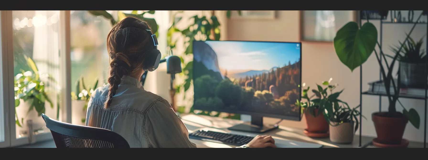 a person sitting at a clean desk, focused on adjusting spam filter settings on a computer screen.