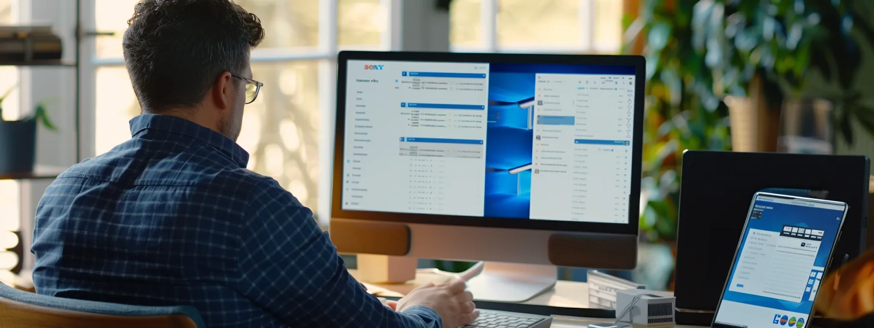 a person seamlessly accessing msn email on multiple devices with robust imap synchronization in a sleek, modern office setting.