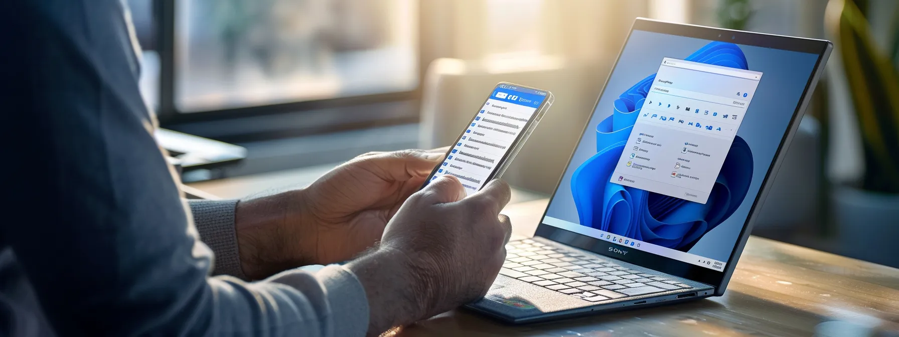 a person looking at their synchronized msn email app on a sleek modern smartphone, with a laptop displaying the technical support app and download supportly app in the background, highlighting seamless integration and maintenance.