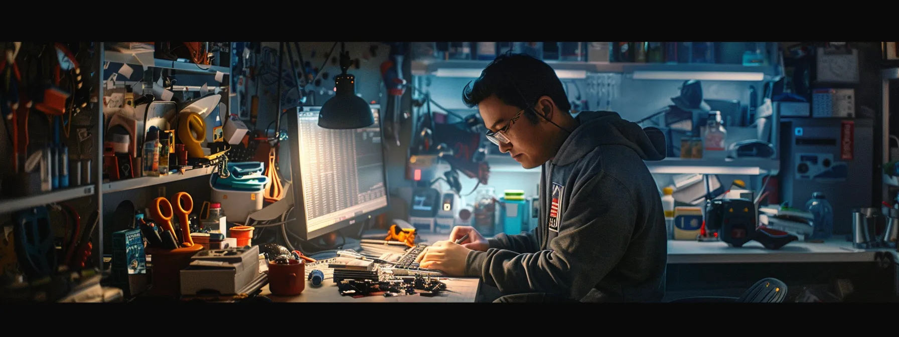 a technician carefully examining a cluttered inbox on a computer screen, surrounded by various computer tools and accessories.