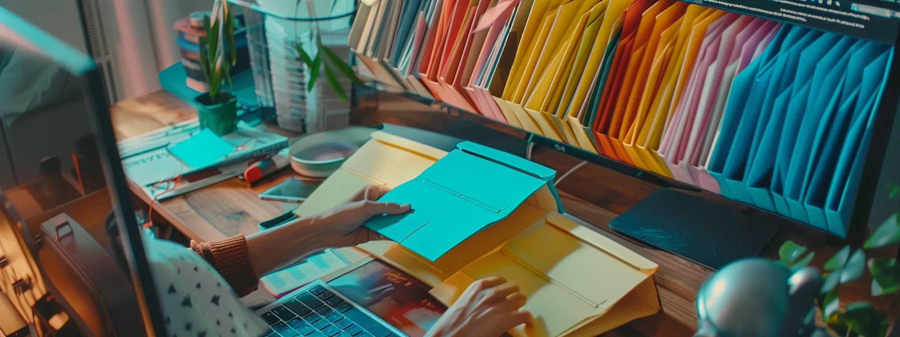 a person organizing colorful email folders on a computer screen, showing efficient msn email storage management.