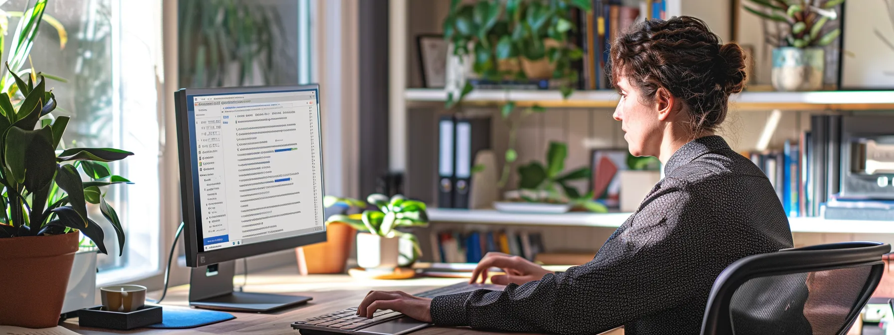 a person sitting at a computer desk with a focused expression, checking email settings on outlook with a clean, organized workspace in the background.