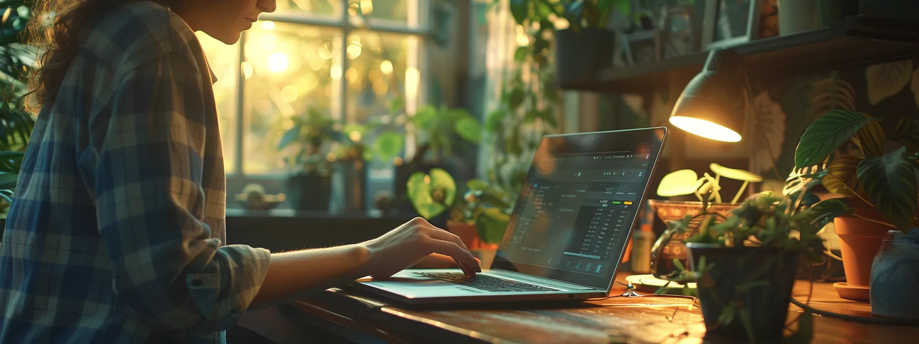 a person checking their device settings on a laptop with a stable internet connection in a well-lit, organized workspace.