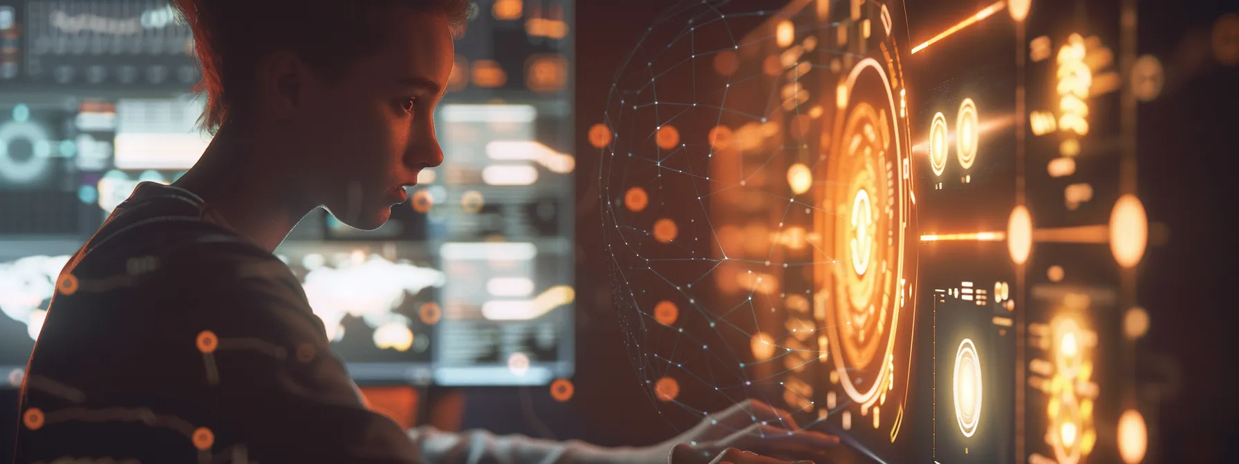 a person adjusting firewall settings on a computer screen with a serious expression, surrounded by security software icons in a dimly lit room.