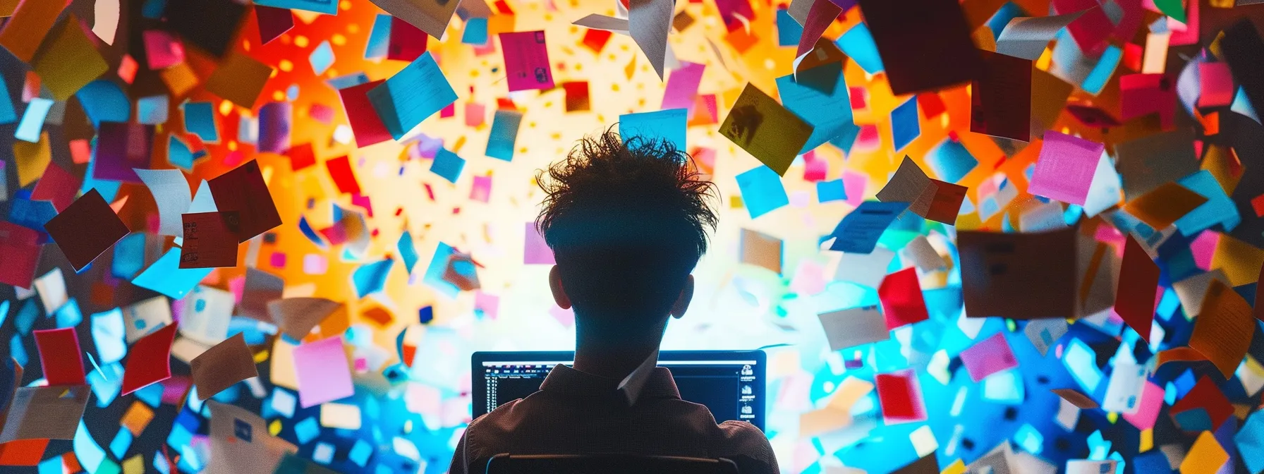 a person looking at a computer screen filled with colorful, chaotic spam and junk folders.