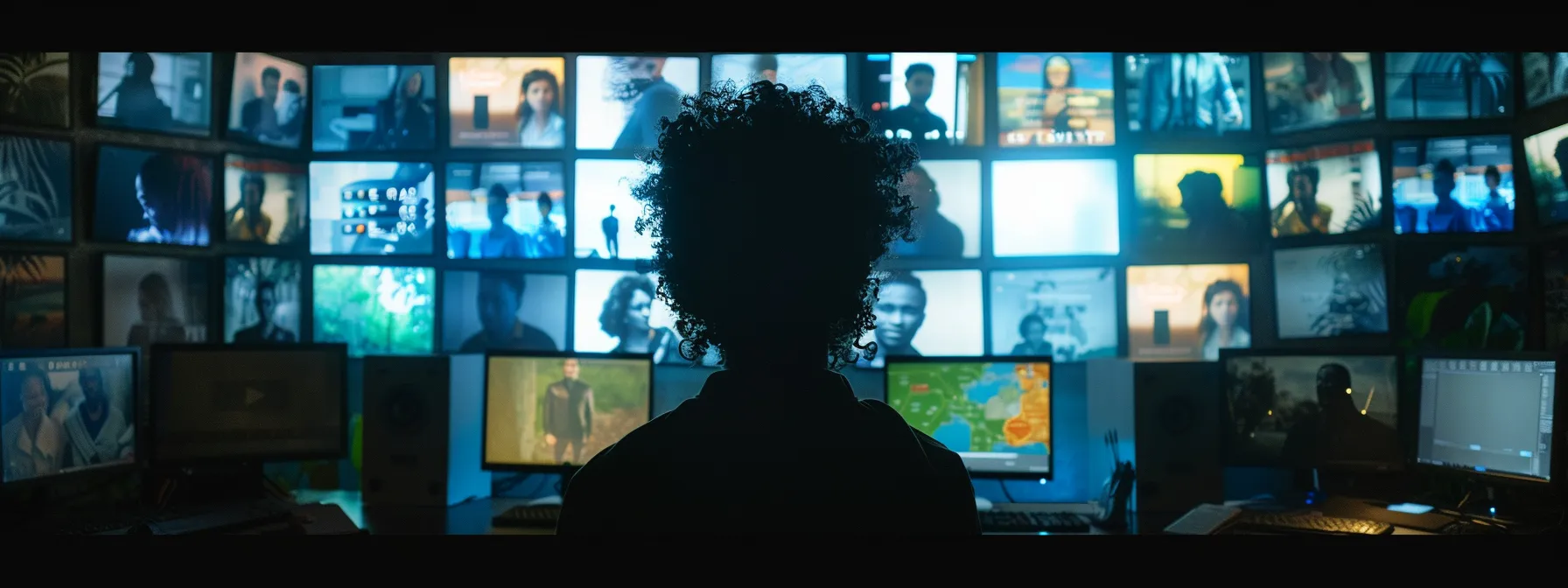 a person surrounded by multiple screens showing microsoft's online support chat, support email form, microsoft community forums, social media channels, and the knowledge base, symbolizing the various alternative ways to contact microsoft support services.