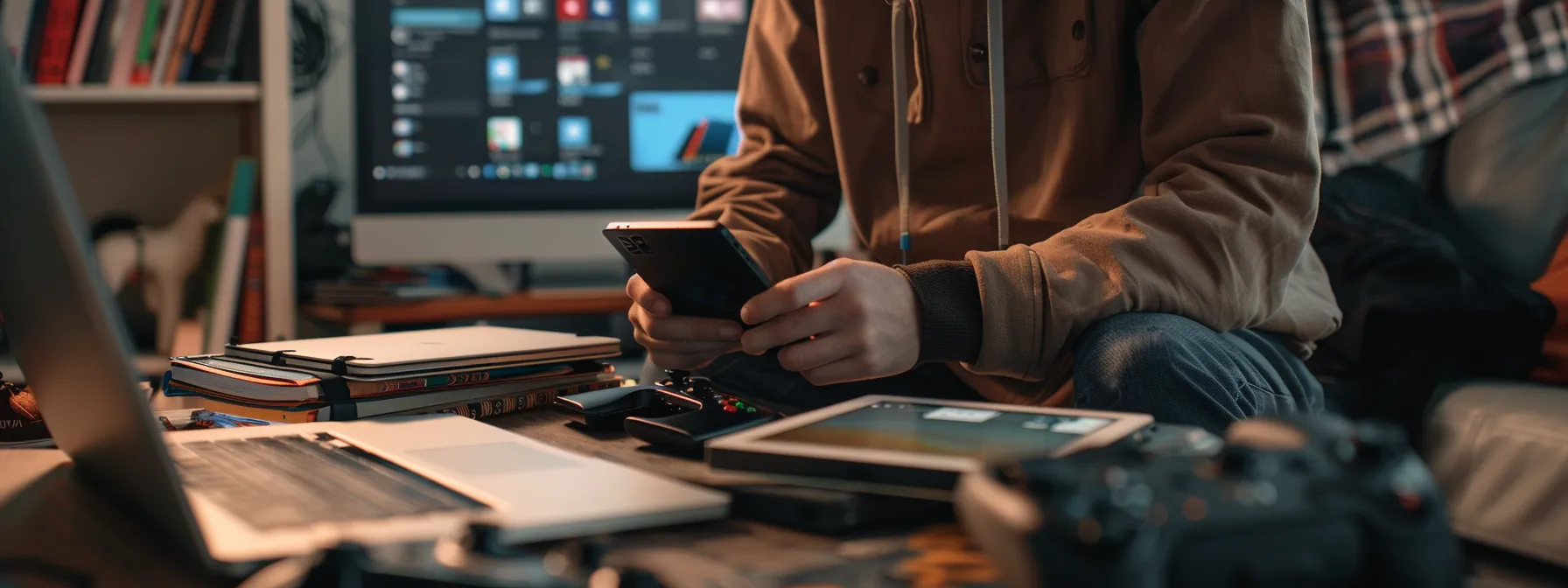 a person confidently dialing the microsoft support number on their smartphone, surrounded by a stack of microsoft products like a windows laptop, an office 365 package, and an xbox controller.