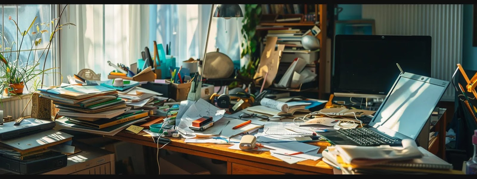 a cluttered desk cluttered with unnecessary papers and office supplies, making it difficult to focus on work.