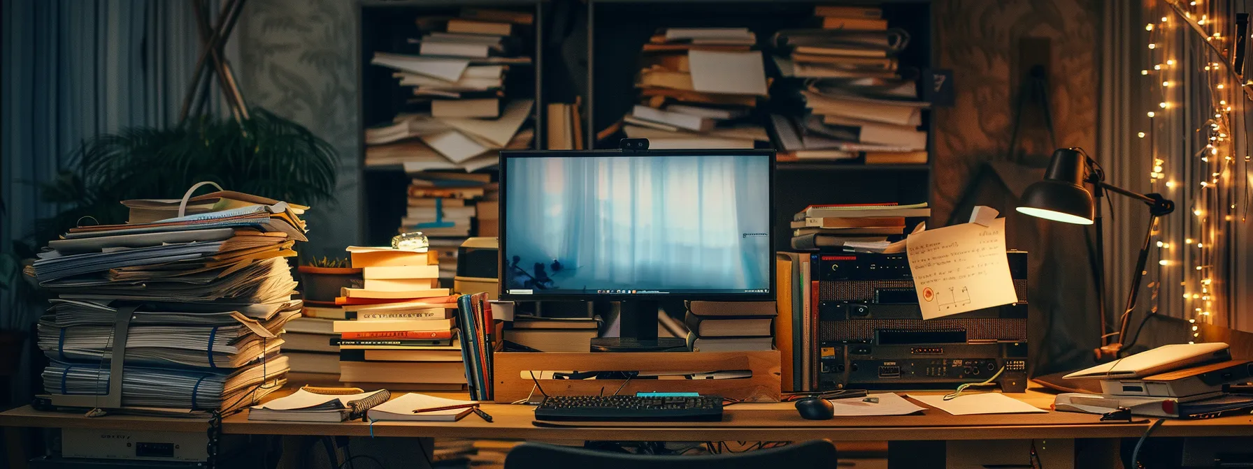 a cluttered desk with piles of papers and cluttered computer cables next to a sleek, organized desktop computer system, showcasing the importance of optimizing computer performance.