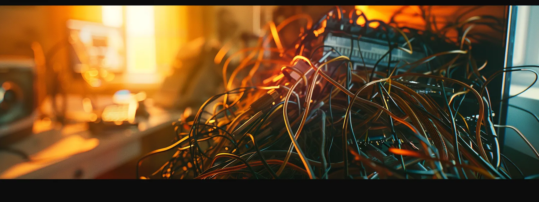 a tangled web of computer wires snaking around a struggling, slow-moving laptop, burdened under the weight of a prominent malwarebytes antivirus logo.