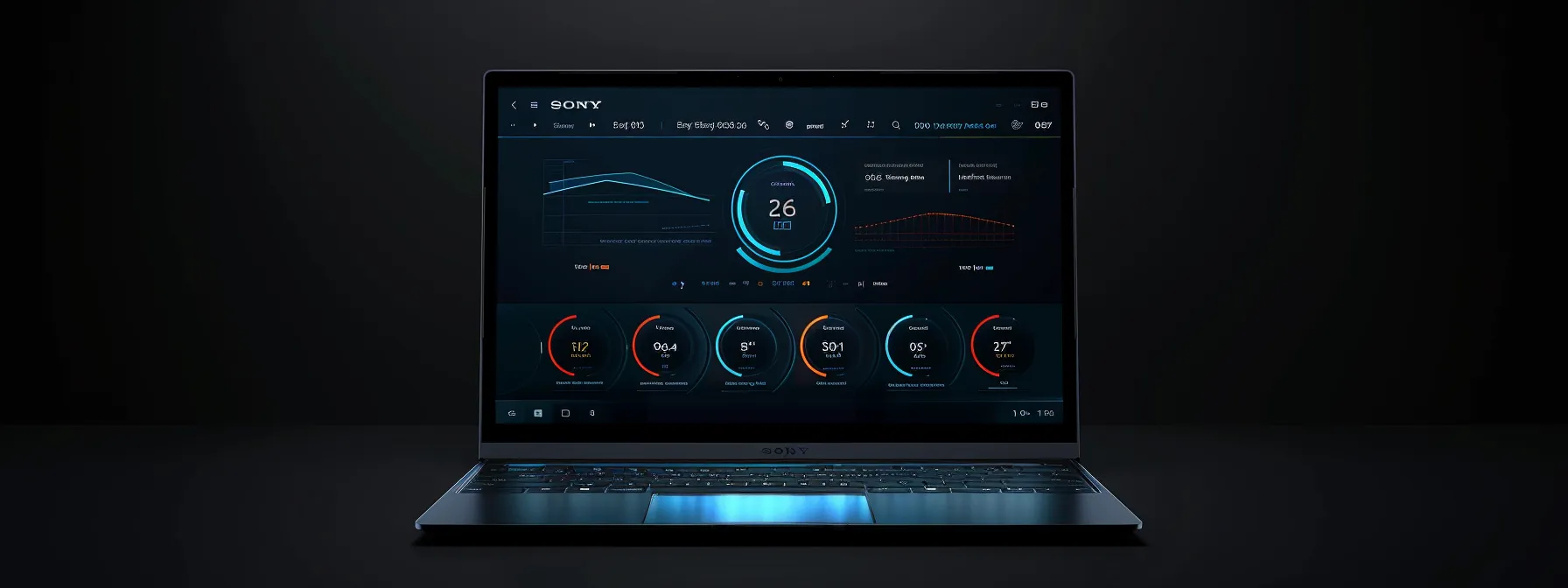 a laptop screen displaying a sleek, modern antivirus interface with a progress bar showing efficient system performance optimization.