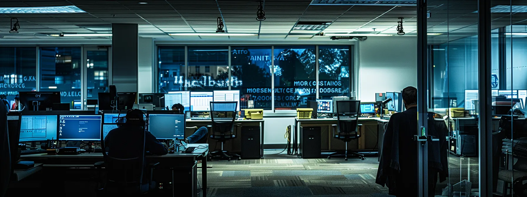 a person consulting with seasoned it experts in a dimly lit office filled with high-tech equipment and computer screens.