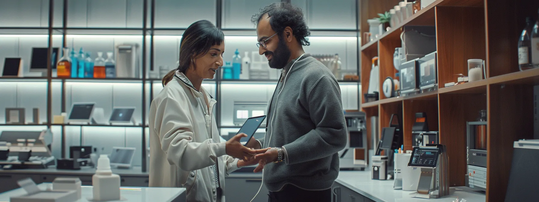 a person receiving personalized support for their microsoft surface device from a skilled technician in a modern, well-equipped tech support center.