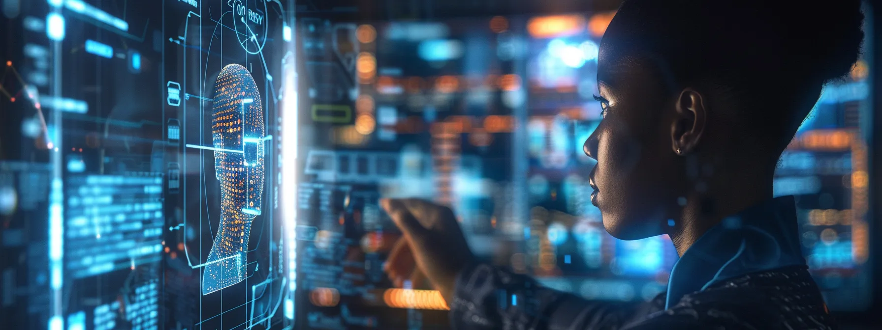 a futuristic virtual assistant hologram providing quick help to a user on a computer screen.