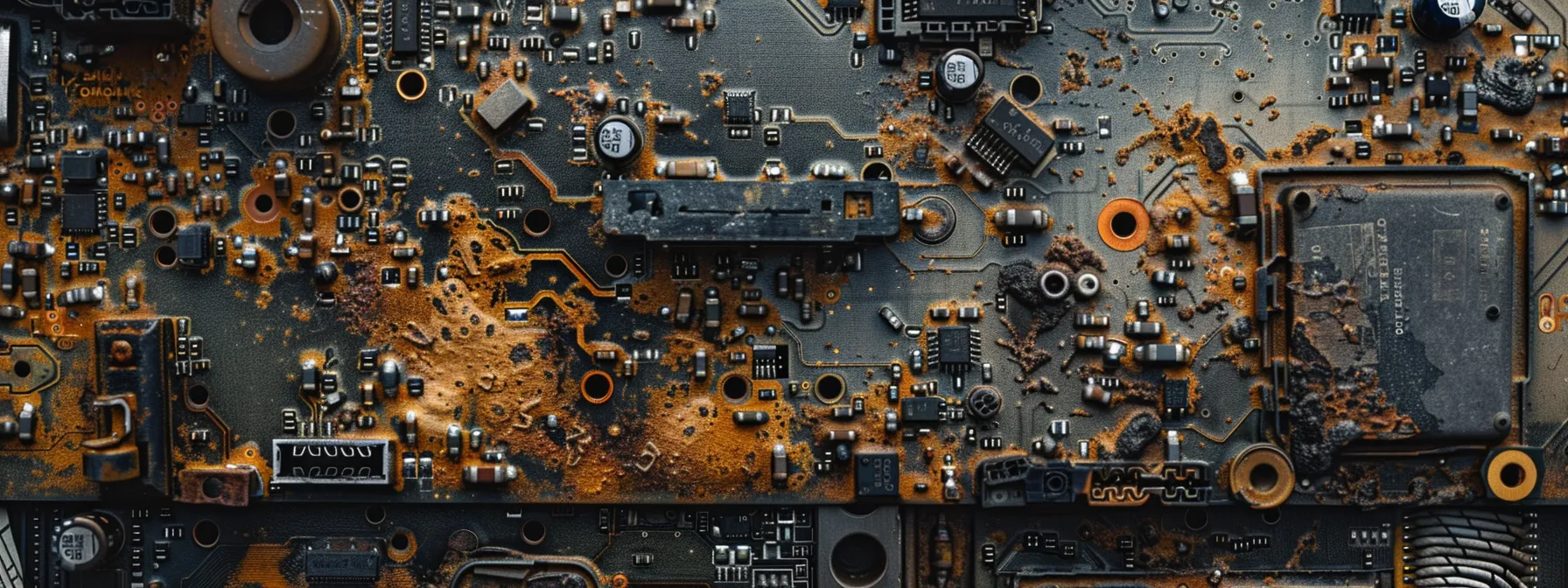 a close-up photo of a computer motherboard with visible signs of corrosion and burnt components.