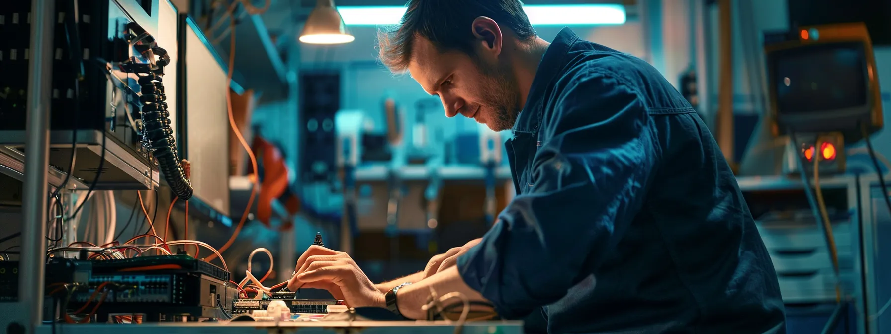 a technician kneeling beside a desktop computer, meticulously checking power cables and peripherals for any signs of connection issues.
