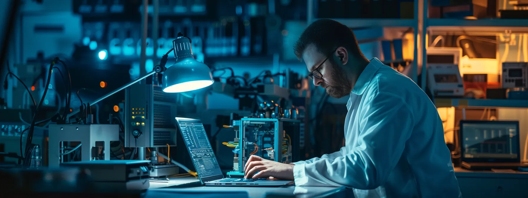 a technician analyzing hardware diagnostics on a laptop in a dimly lit room, focused on the screen displaying bios/uefi diagnostics results.