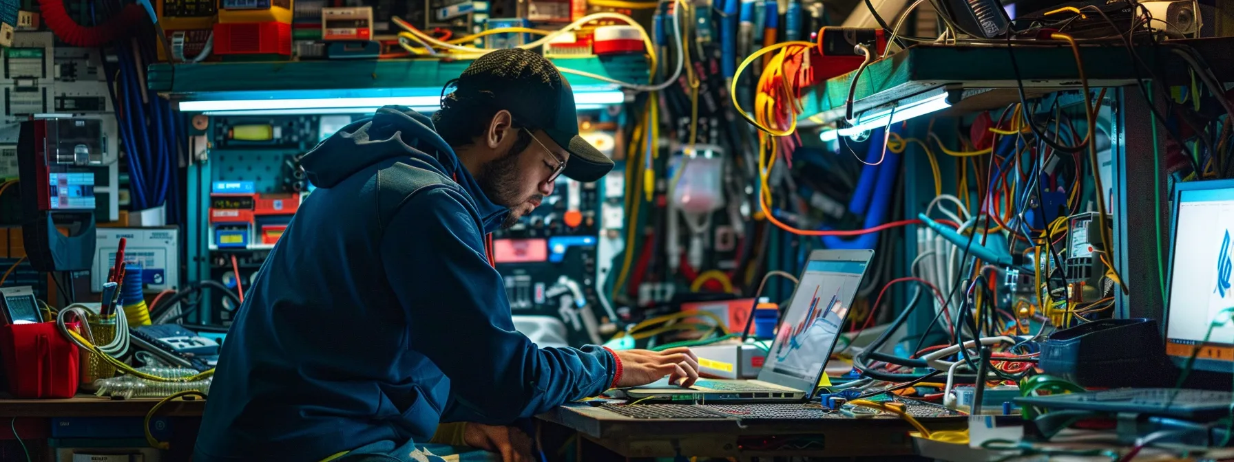 a technician skillfully running diagnostic tests on a macbook pro, surrounded by colorful cables and blinking computer screens in a dimly lit repair shop.