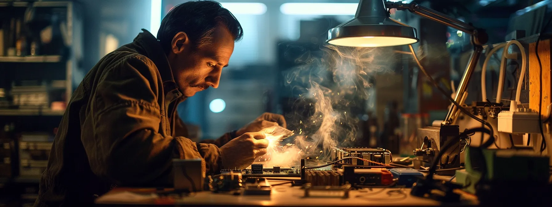 a technician carefully examining a smoking cpu with charred motherboard capacitors in a dimly lit repair workshop.