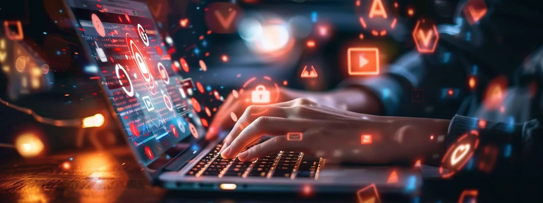 a person typing on a laptop, surrounded by a digital fortress of locks, shields, and alert symbols, symbolizing strong email security measures.